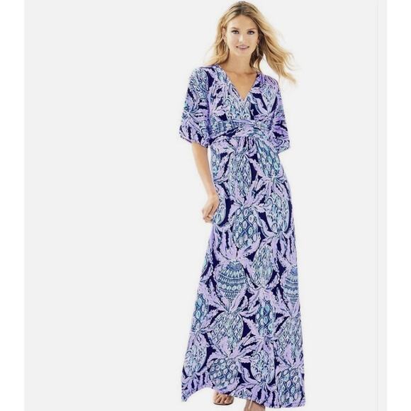 Lilly Pulitzer Women Parigi Maxi Dress Lilac Verbena Kimono Sleeve Tropical Sz S - Picture 2 of 8